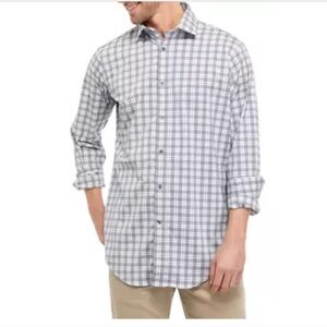 NWT J.M. HAGGAR  Men's Gray and White Plaid Button Down Shirt Large Stretch